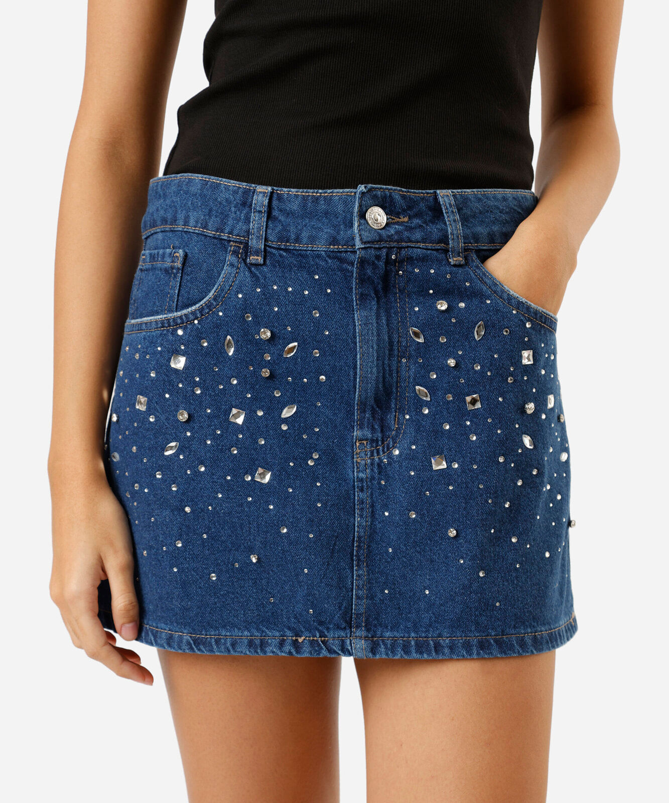 minissaia feminina jeans com brilhos cintura média azul