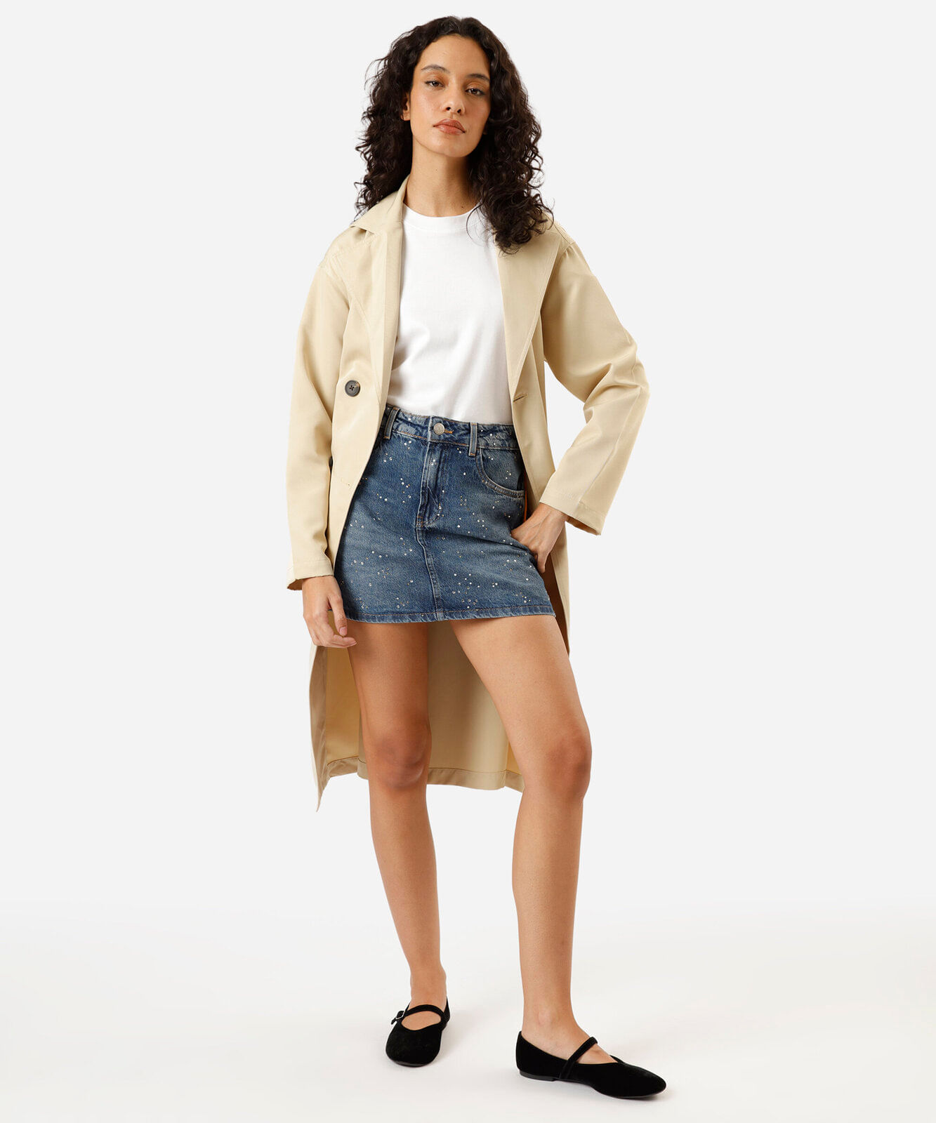 saia curta feminina jeans com brilhos cintura alta azul