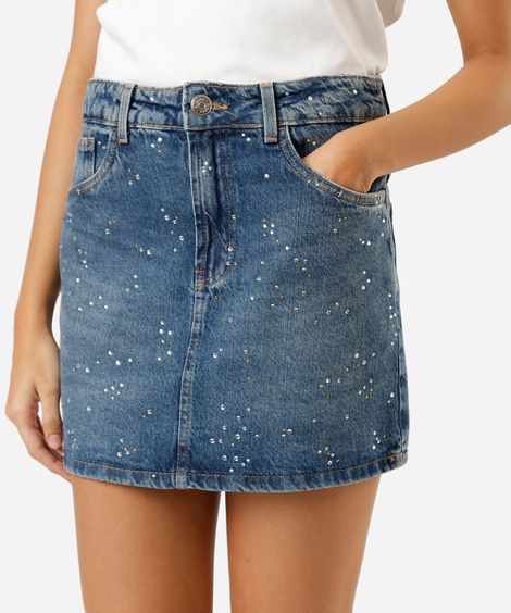 saia curta feminina jeans com brilhos cintura alta azul