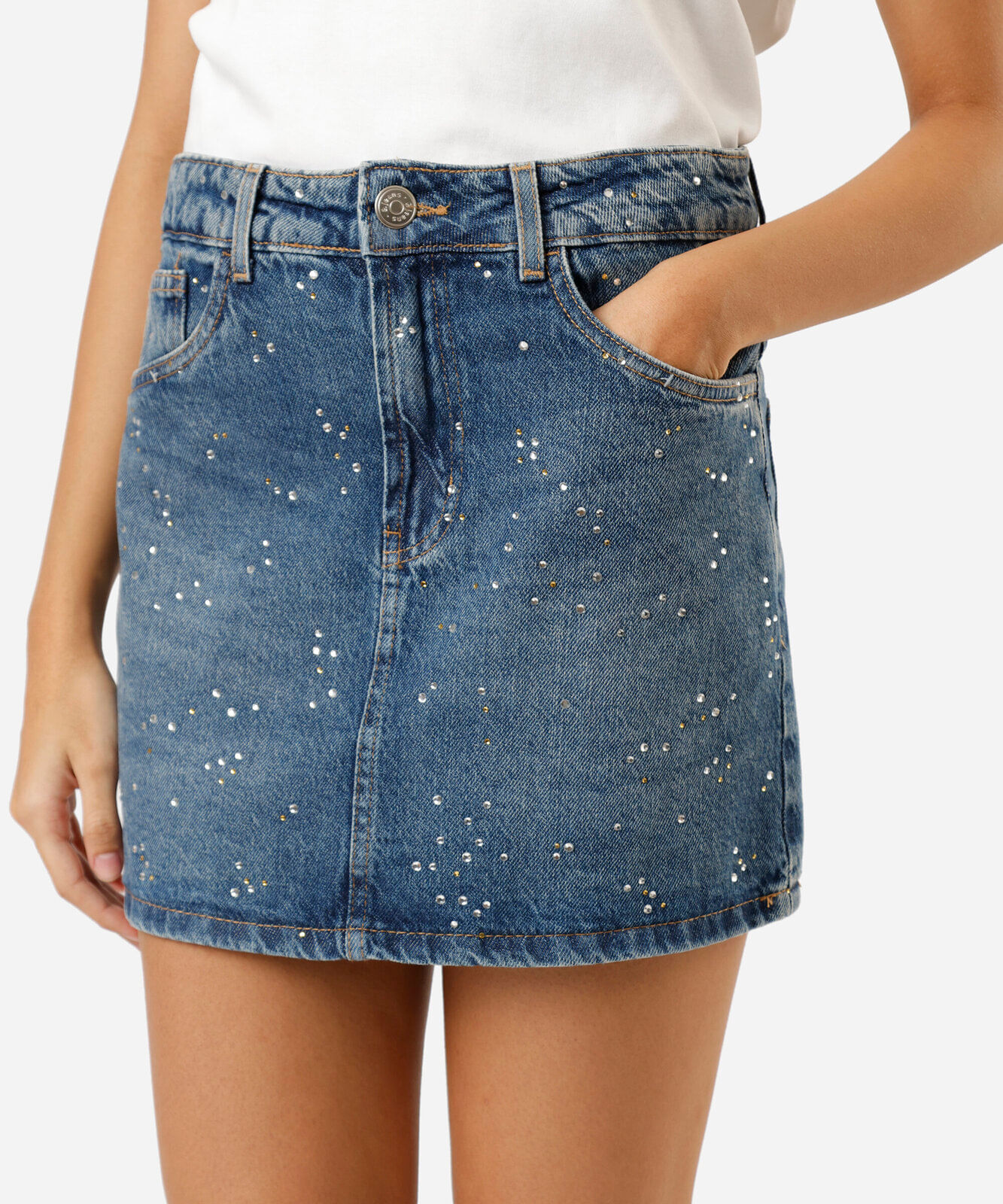 saia curta feminina jeans com brilhos cintura alta azul