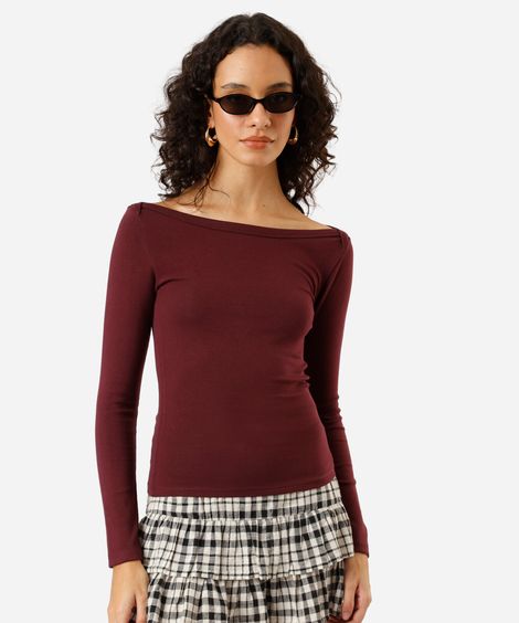 blusa feminina de algodão decote canoa manga longa canelada vinho
