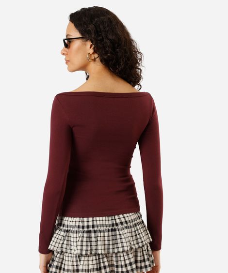 blusa feminina de algodão decote canoa manga longa canelada vinho