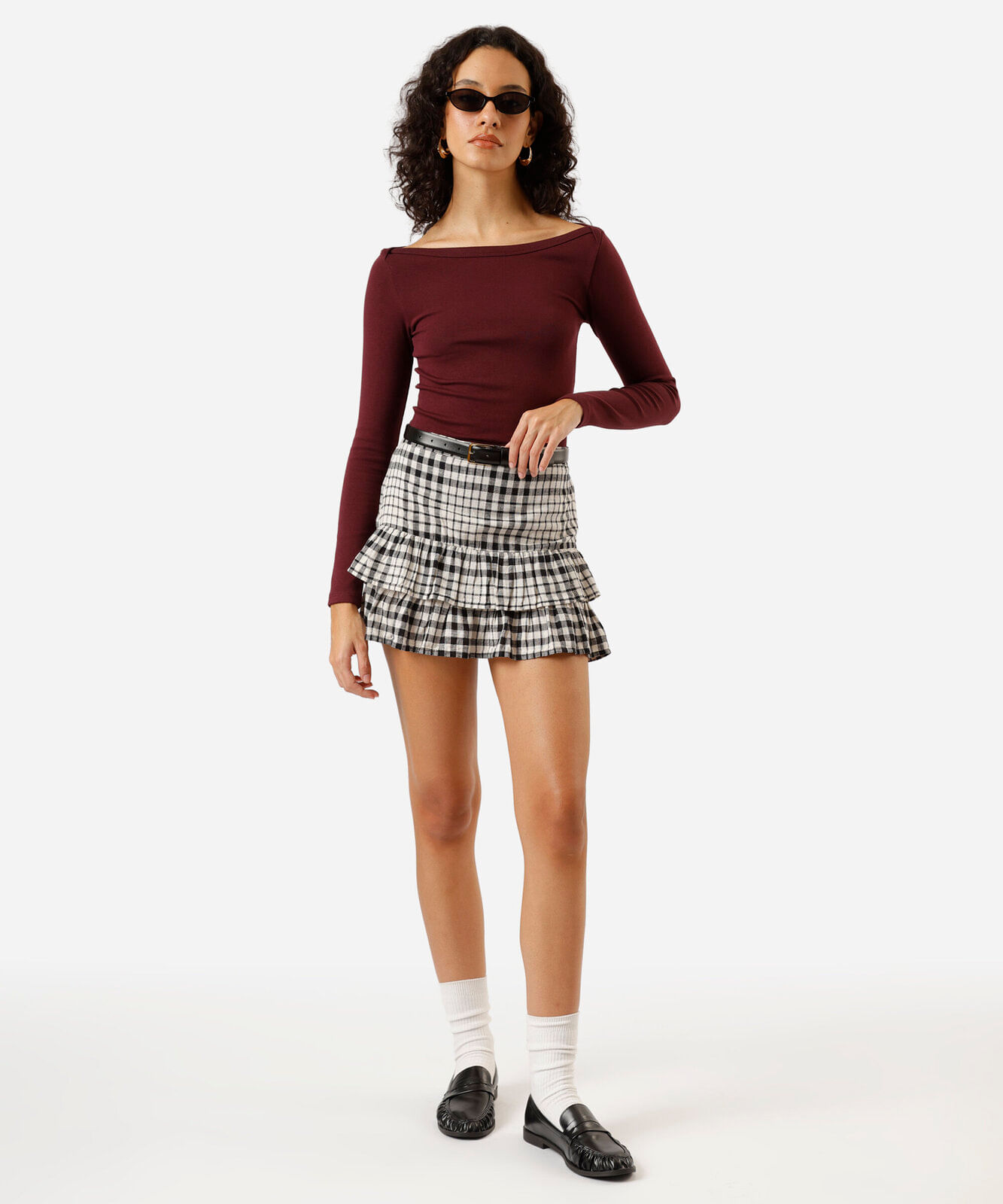 blusa feminina de algodão decote canoa manga longa canelada vinho