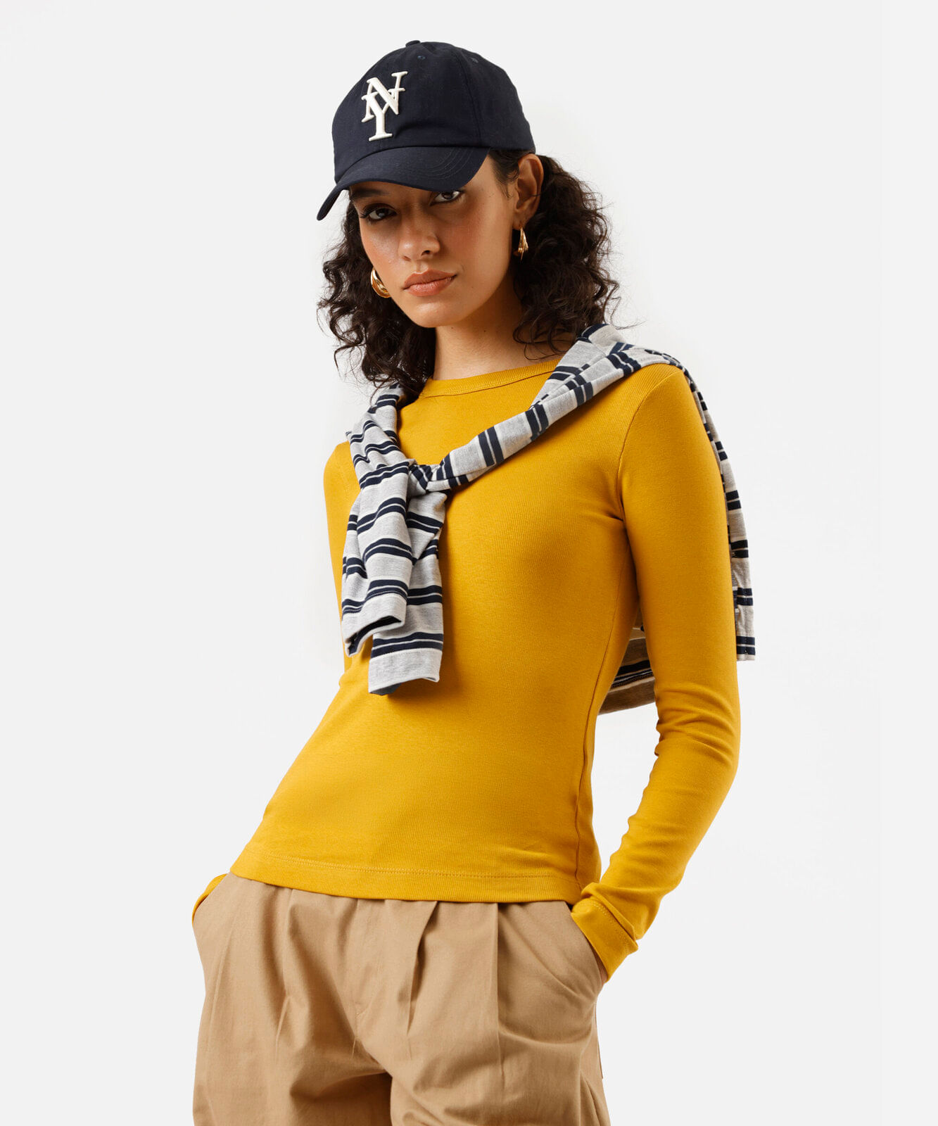 blusa feminina de algodão manga longa canelada amarela