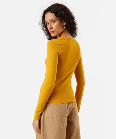 blusa feminina de algodão manga longa canelada amarela
