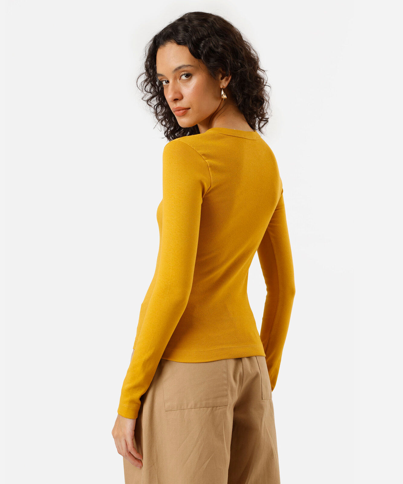 blusa feminina de algodão manga longa canelada amarela
