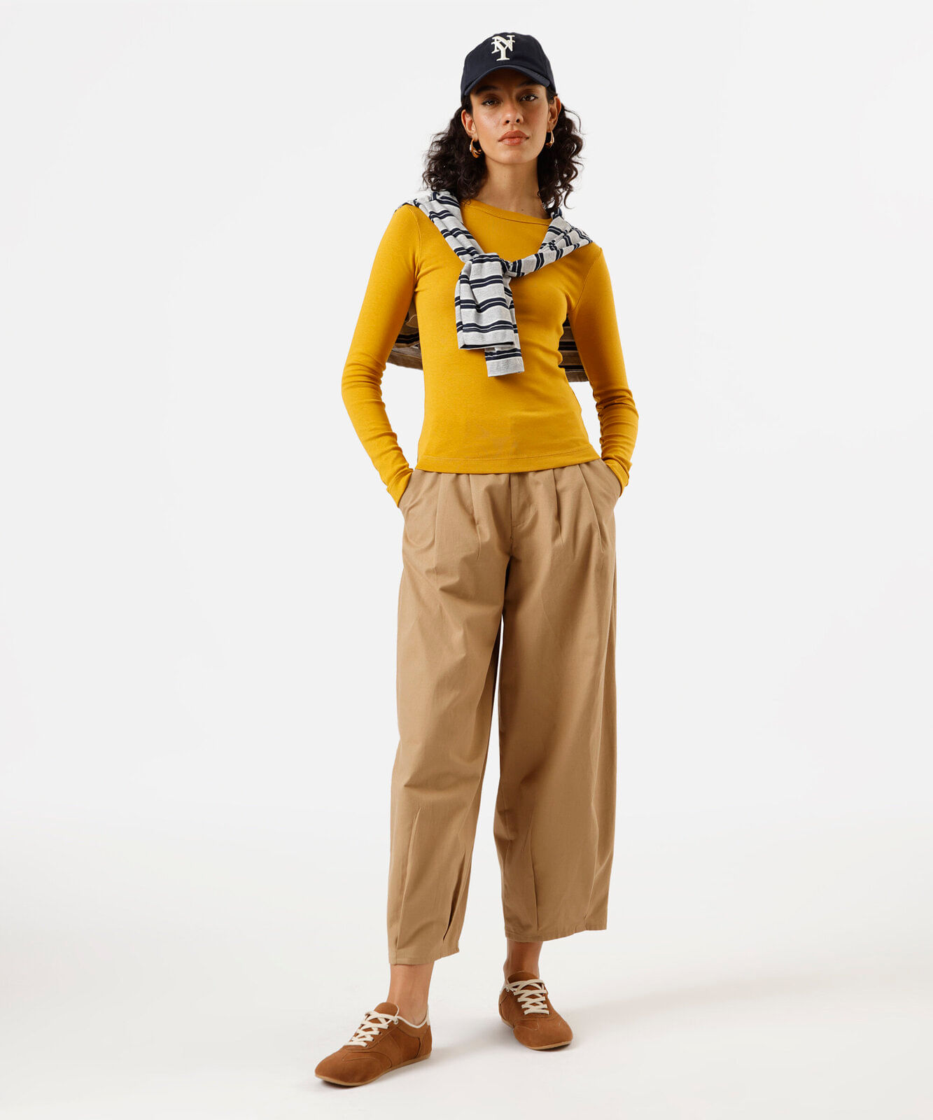 blusa feminina de algodão manga longa canelada amarela