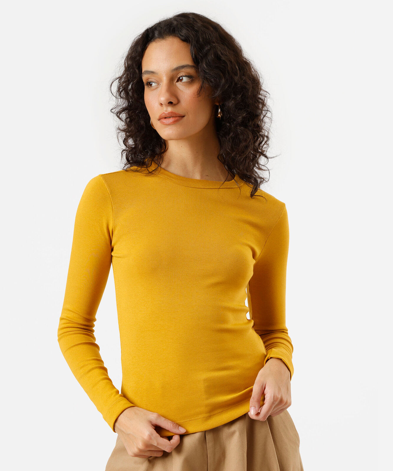 blusa feminina de algodão manga longa canelada amarela