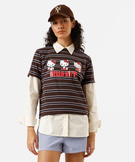 camiseta feminina com algodão hello kitty listrada marrom