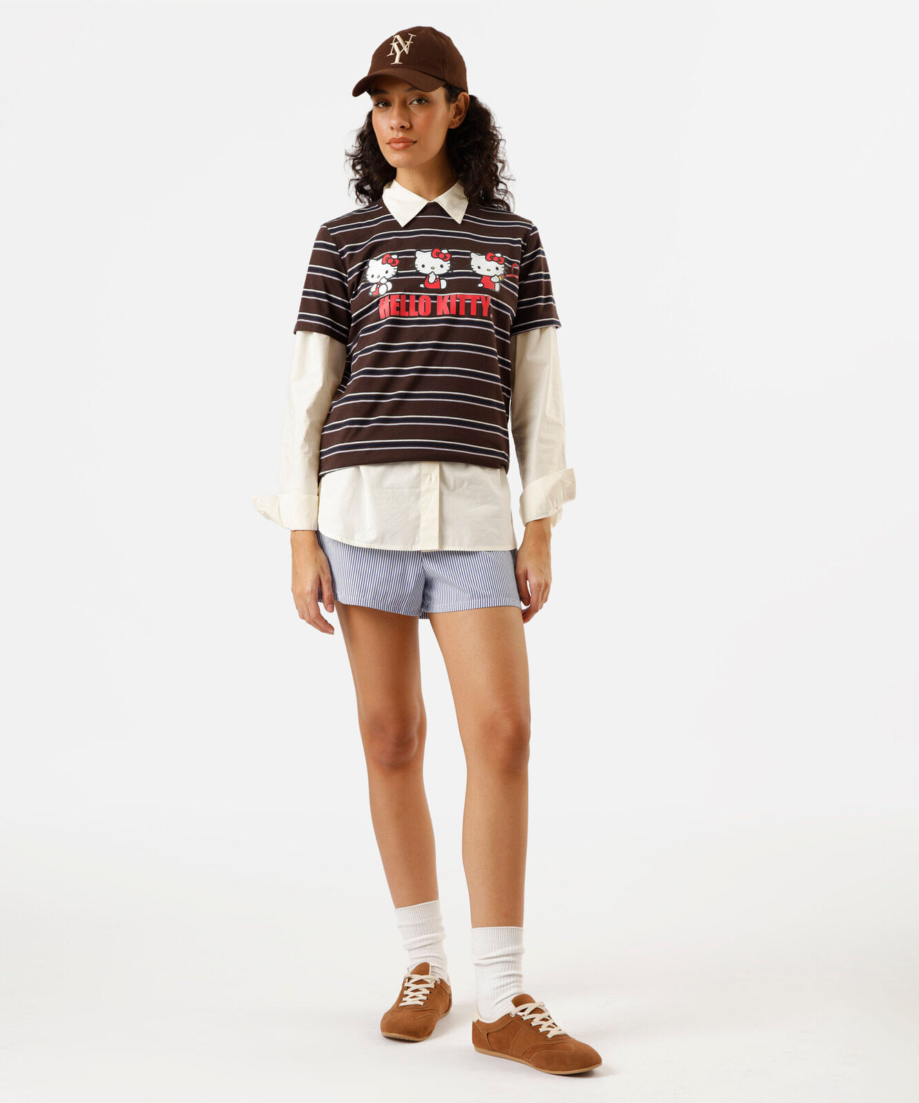 camiseta feminina com algodão hello kitty listrada marrom