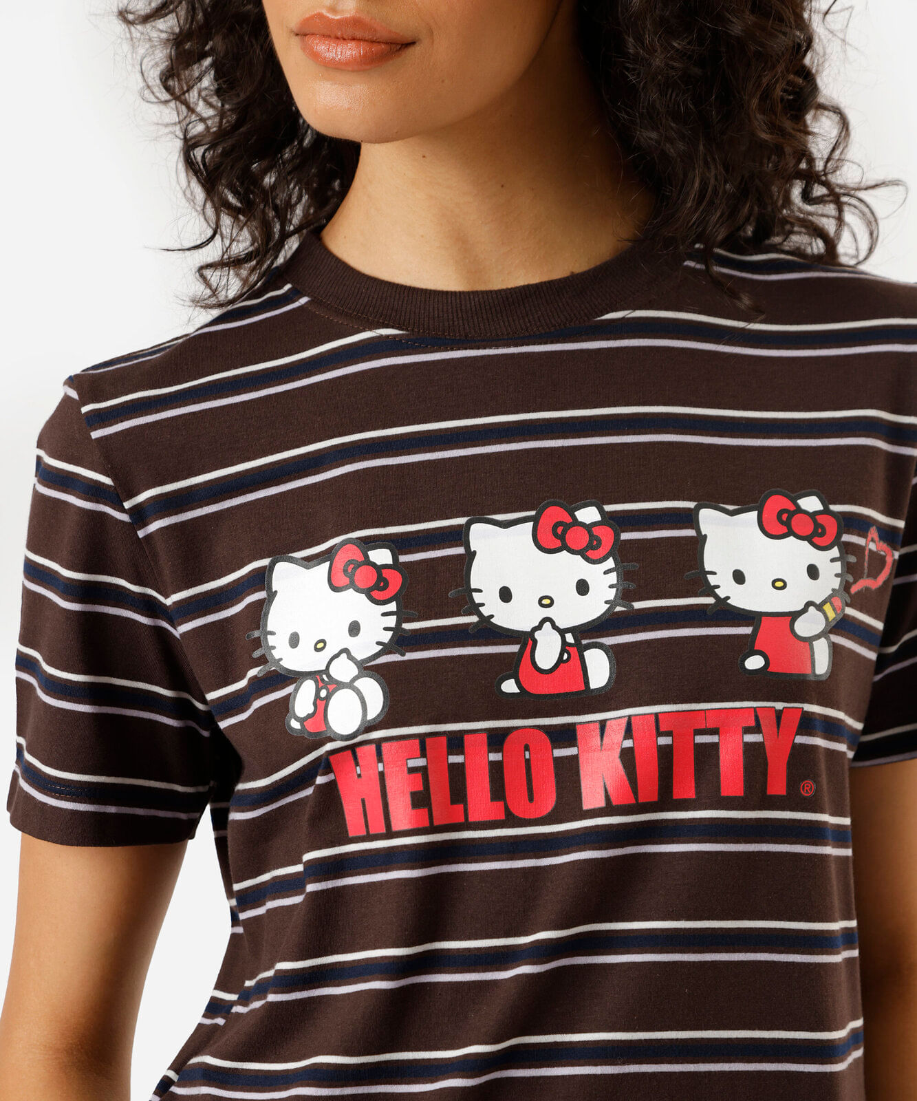 camiseta feminina com algodão hello kitty listrada marrom