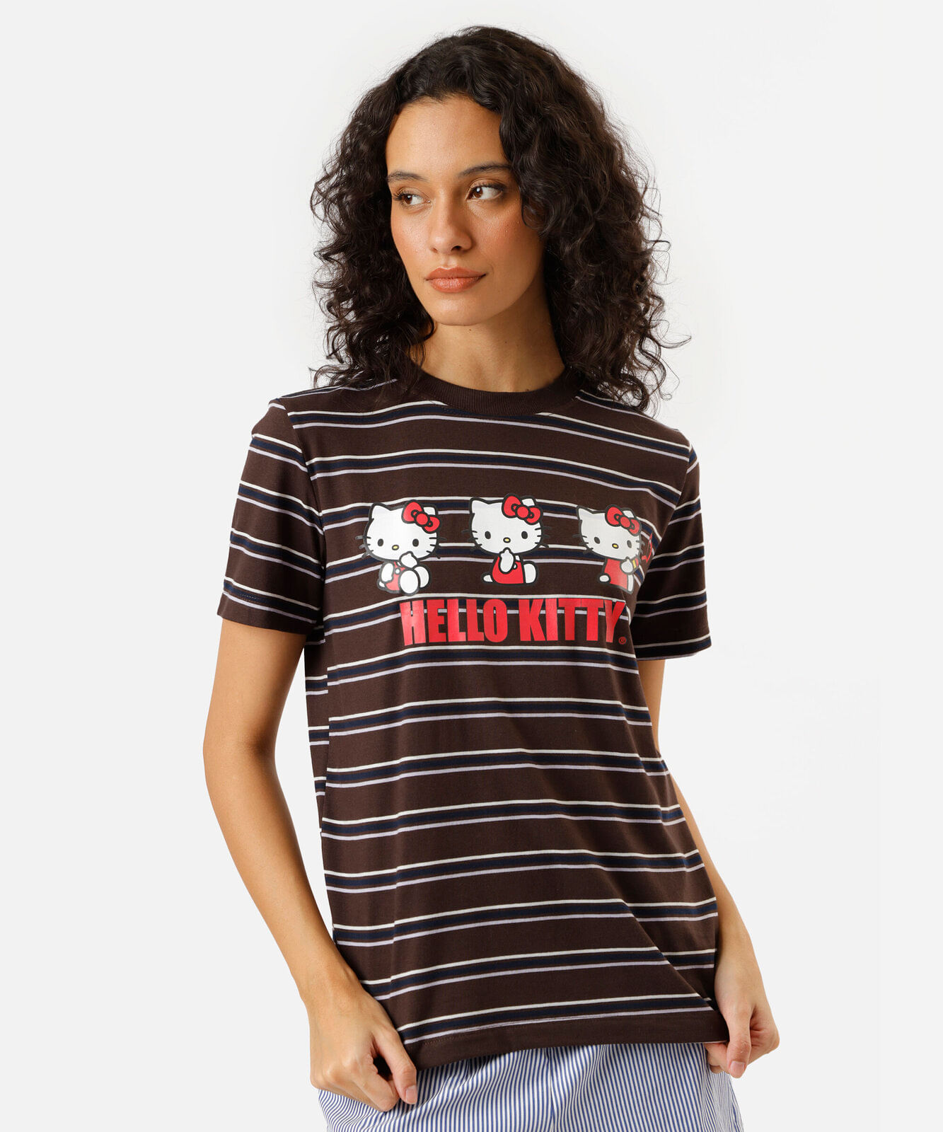 camiseta feminina com algodão hello kitty listrada marrom