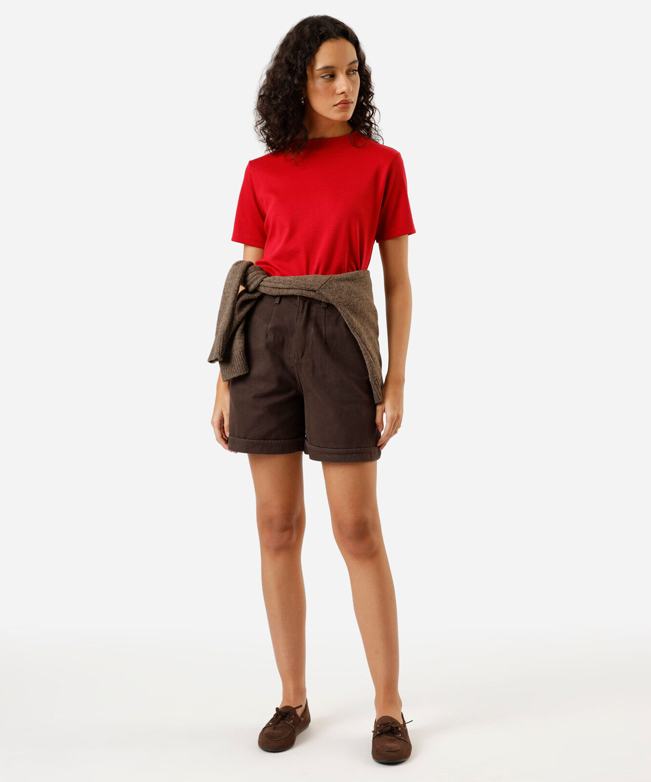 bermuda feminina de sarja cintura alta marrom