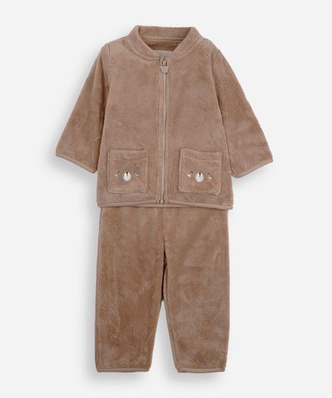 conjunto longo infantil de fleece urso marrom