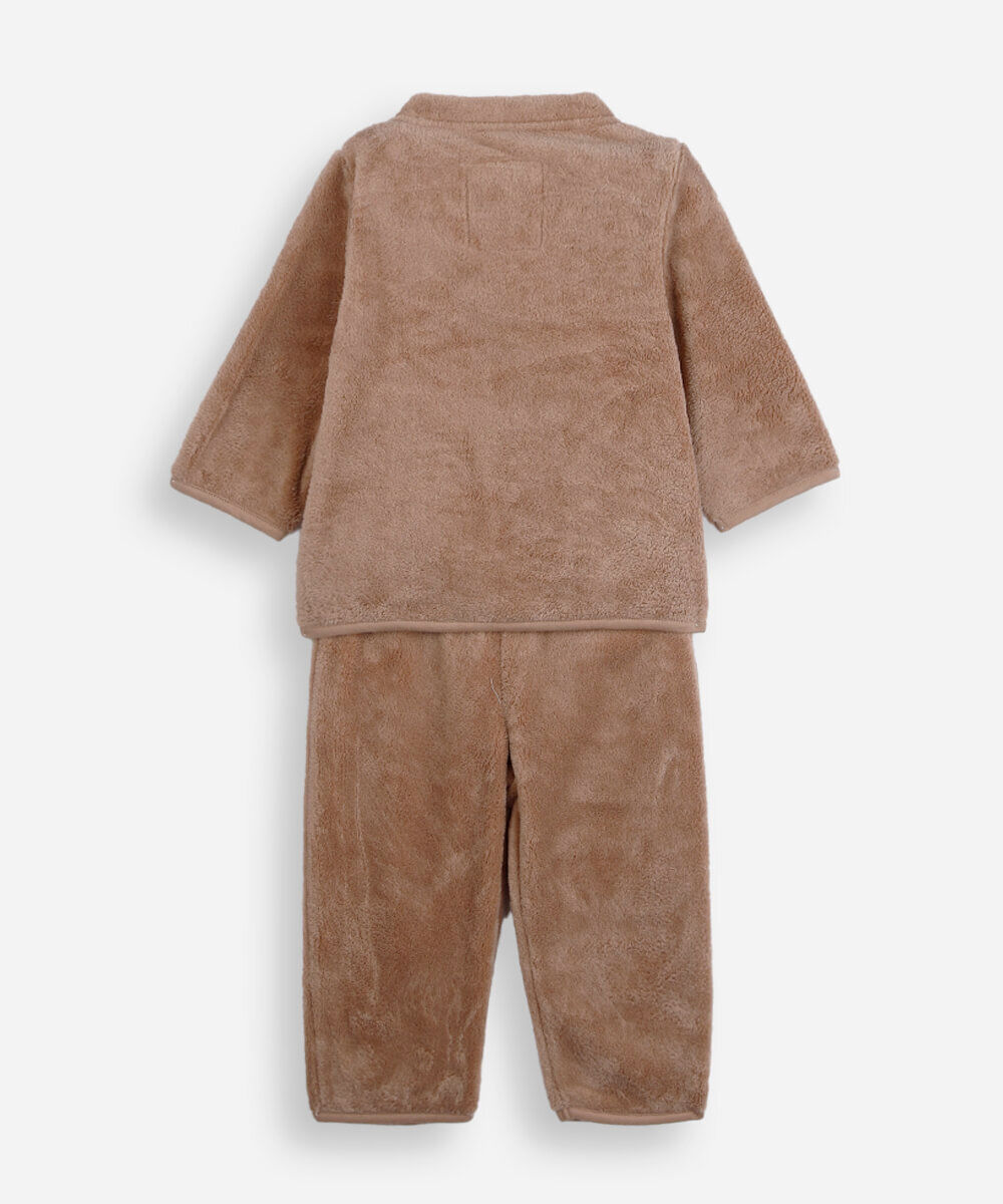 conjunto longo infantil de fleece urso marrom