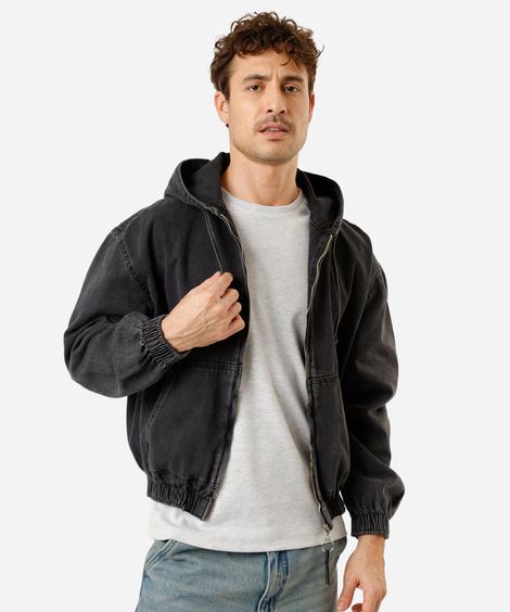 jaqueta bomber masculina jeans com capuz  preta