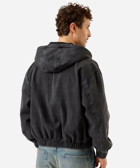 jaqueta bomber masculina jeans com capuz  preta