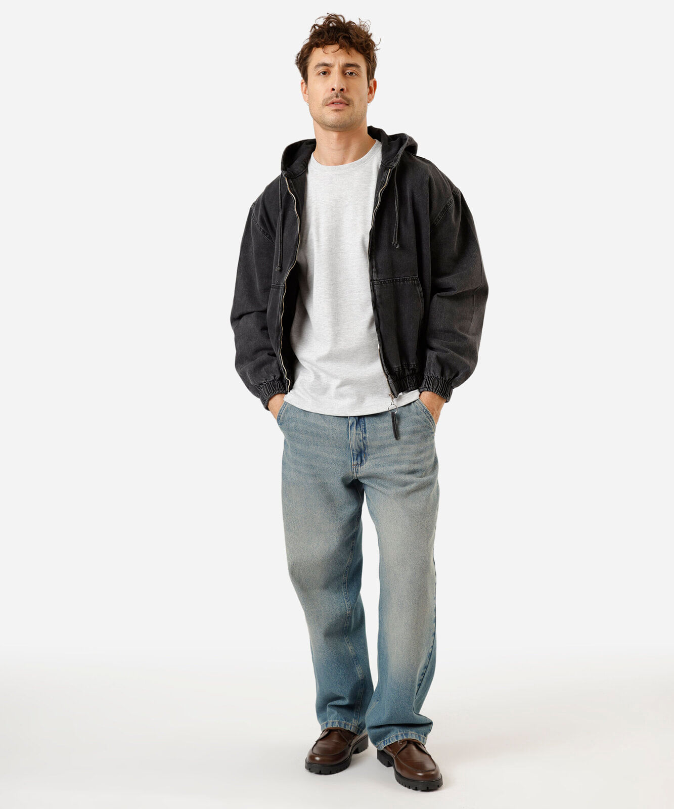 jaqueta bomber masculina jeans com capuz  preta