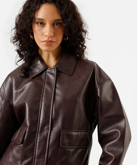 jaqueta bomber feminina de pu com oversized marrom
