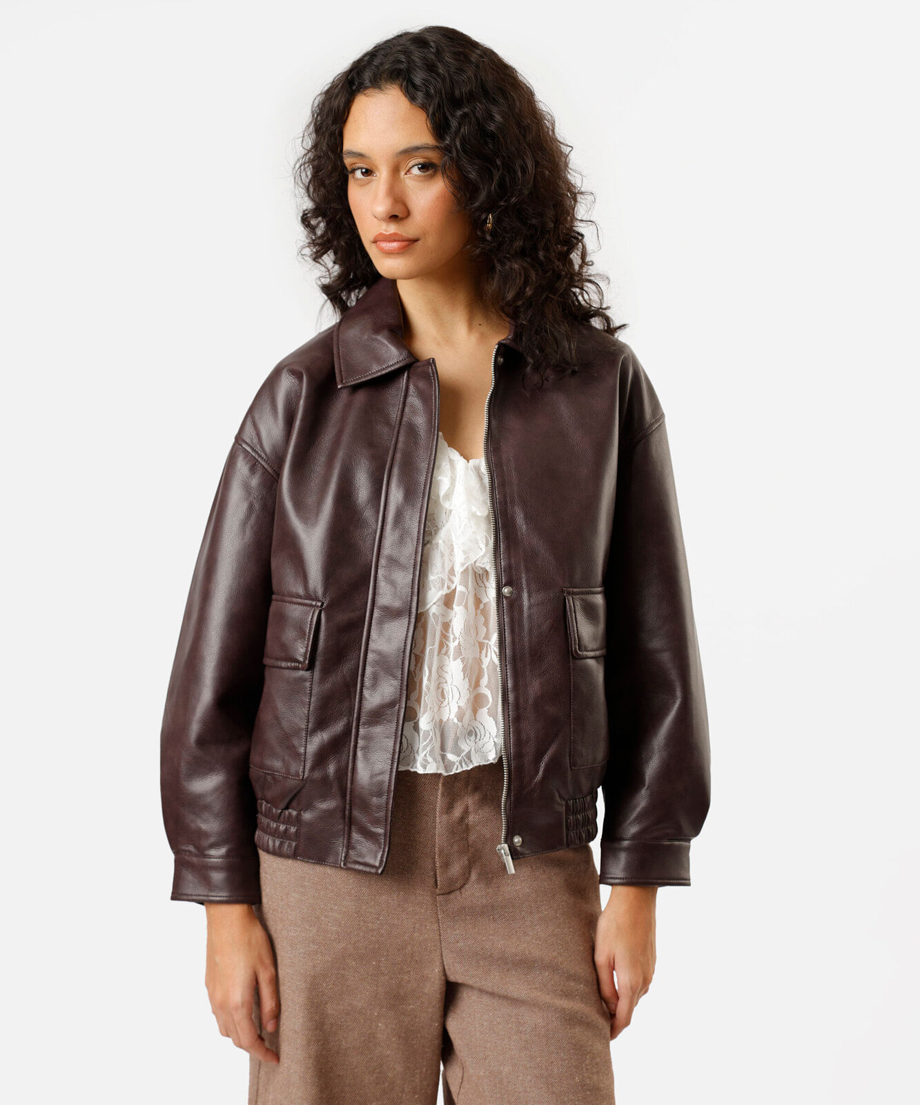 jaqueta bomber feminina de pu com oversized marrom