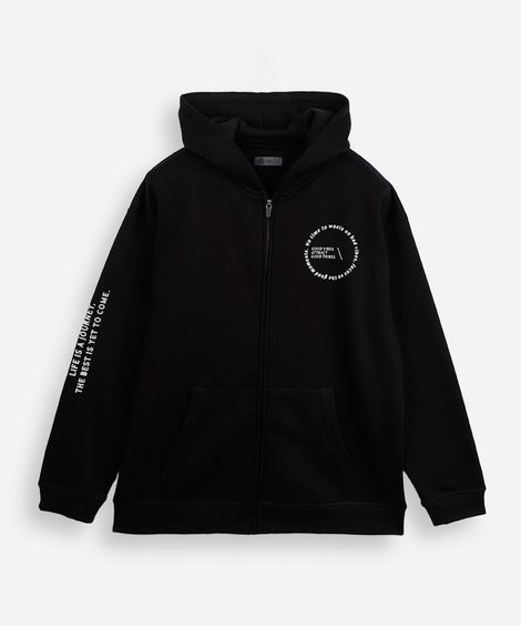 jaqueta juvenil de moletom com capuz estampado preto