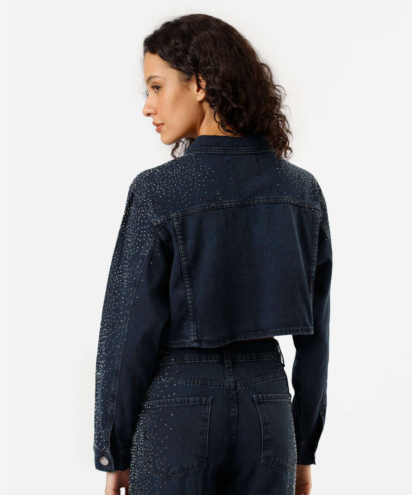 jaqueta cropped feminina jeans com brilhos azul