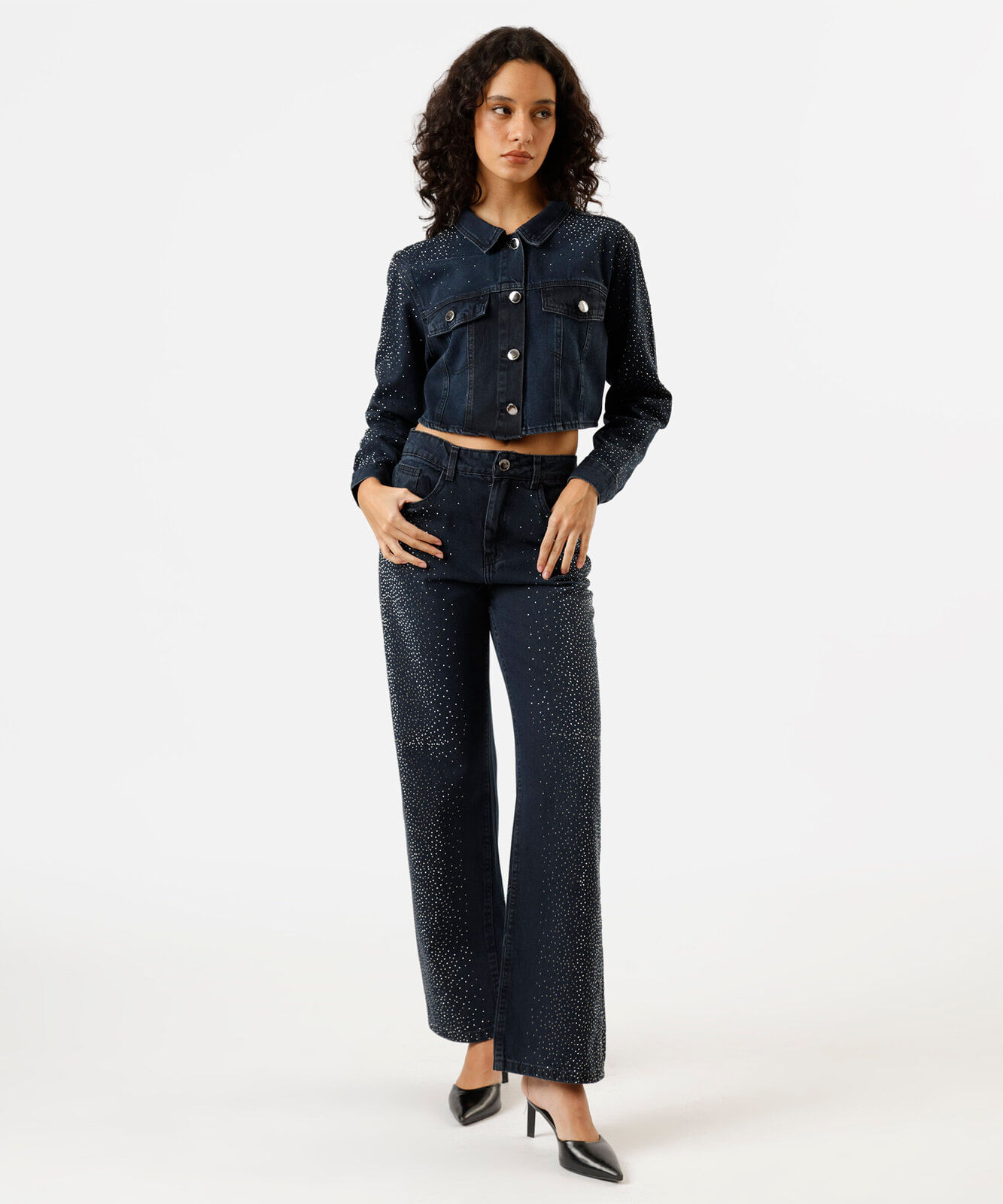 jaqueta cropped feminina jeans com brilhos azul