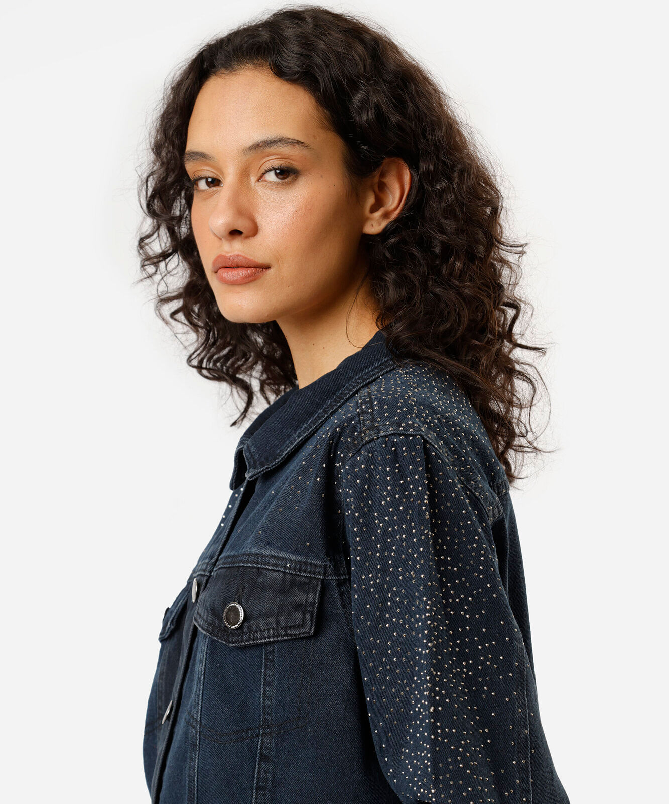 jaqueta cropped feminina jeans com brilhos azul