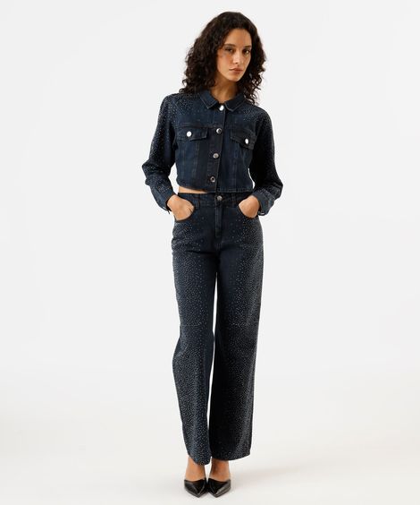 calça wide leg slim feminina jeans com brilhos cintura alta azul