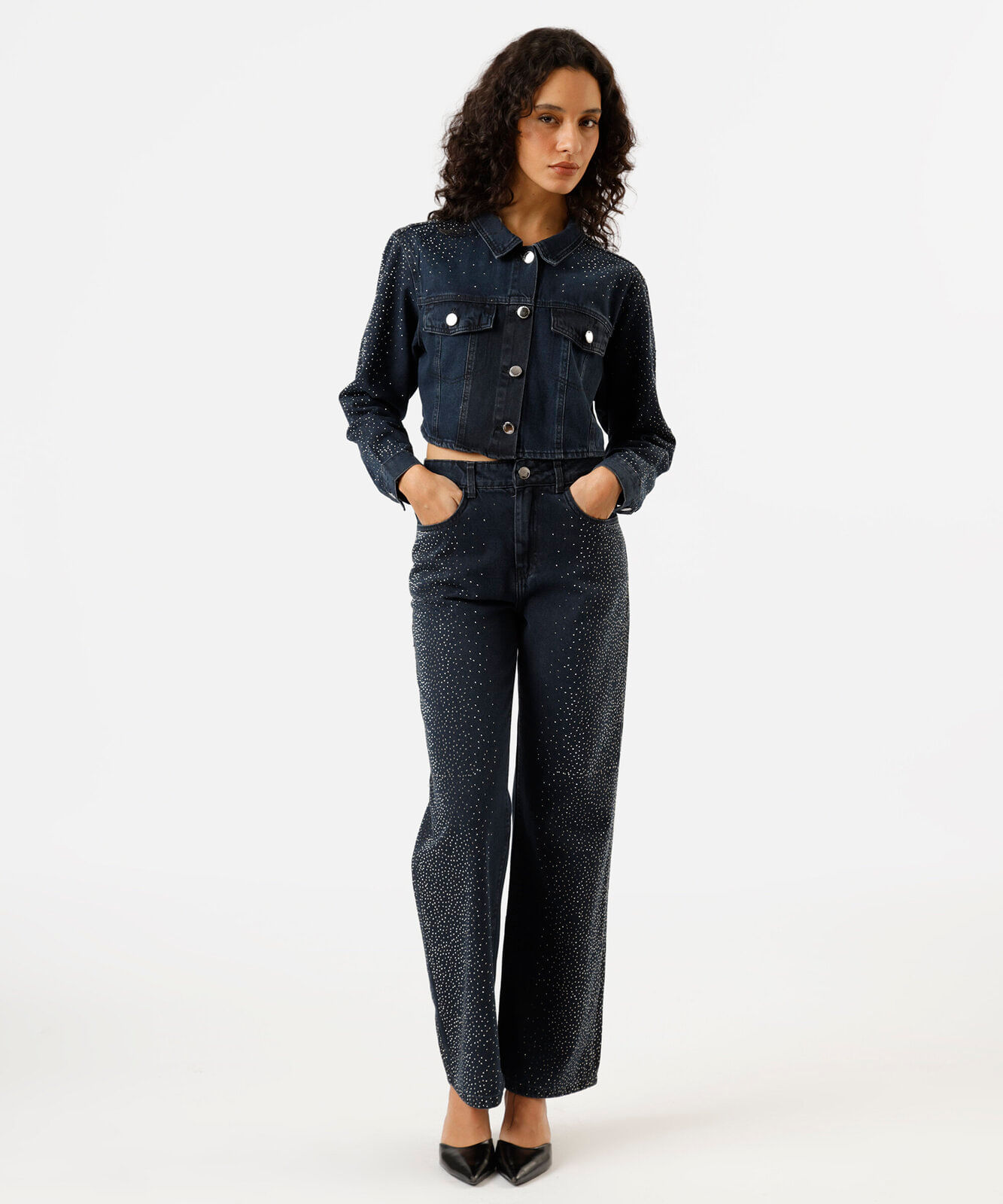 calça wide leg slim feminina jeans com brilhos cintura alta azul
