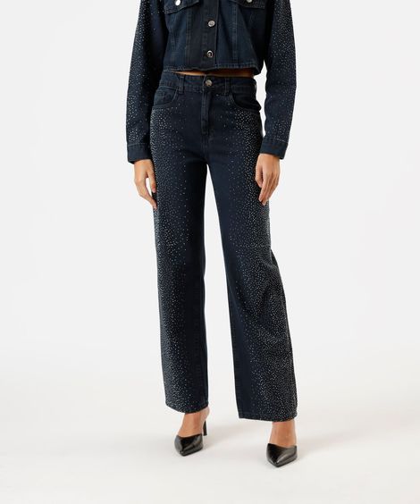 calça wide leg slim feminina jeans com brilhos cintura alta azul