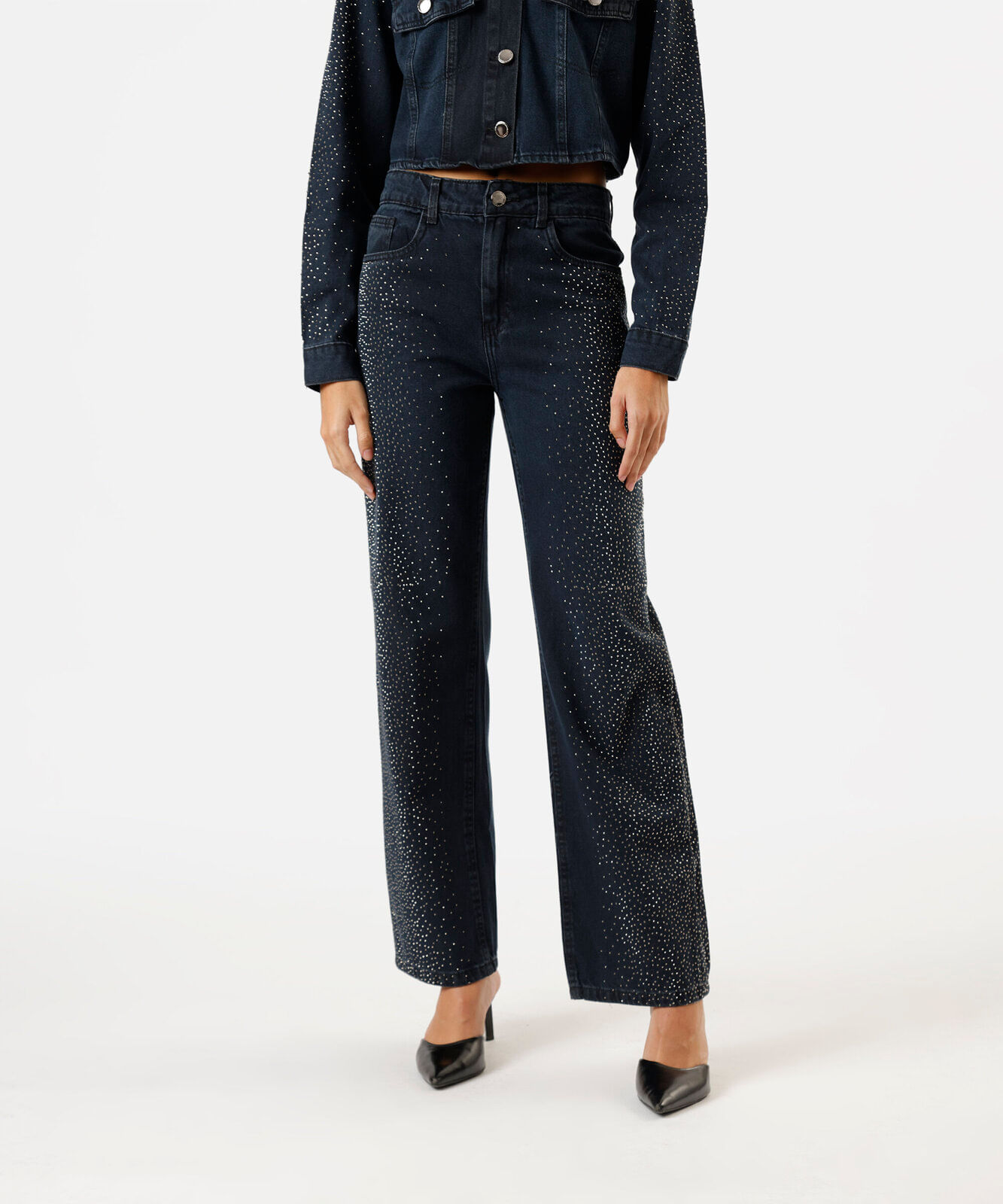 calça wide leg slim feminina jeans com brilhos cintura alta azul