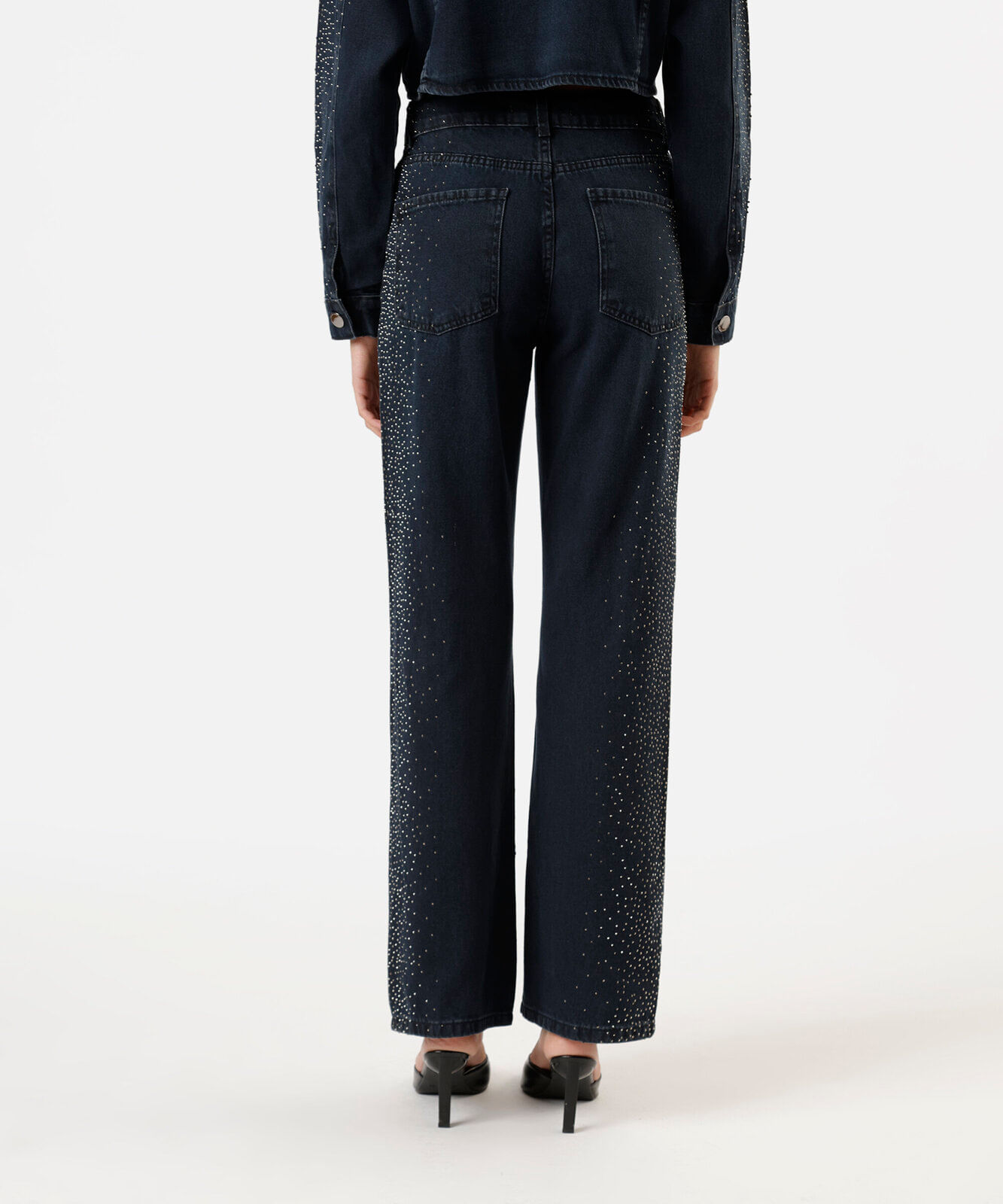 calça wide leg slim feminina jeans com brilhos cintura alta azul