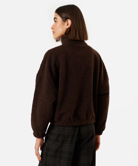 jaqueta oversized feminina de sherpa gola alta marrom