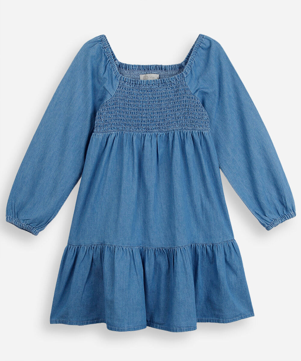 vestido infantil jeans com recorte e lastex manga longa azul