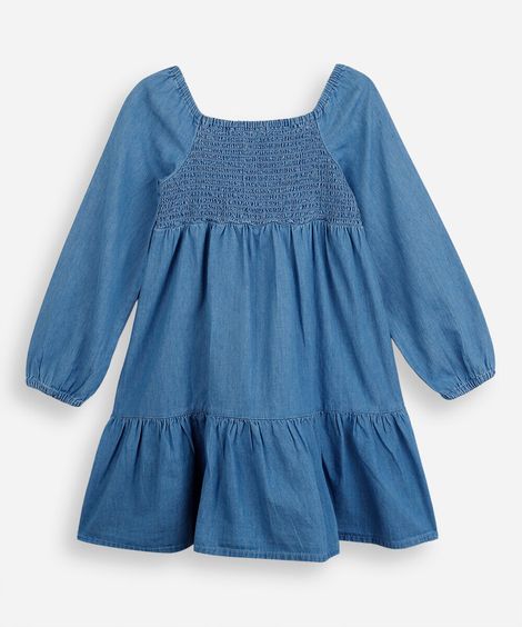 vestido infantil jeans com recorte e lastex manga longa azul