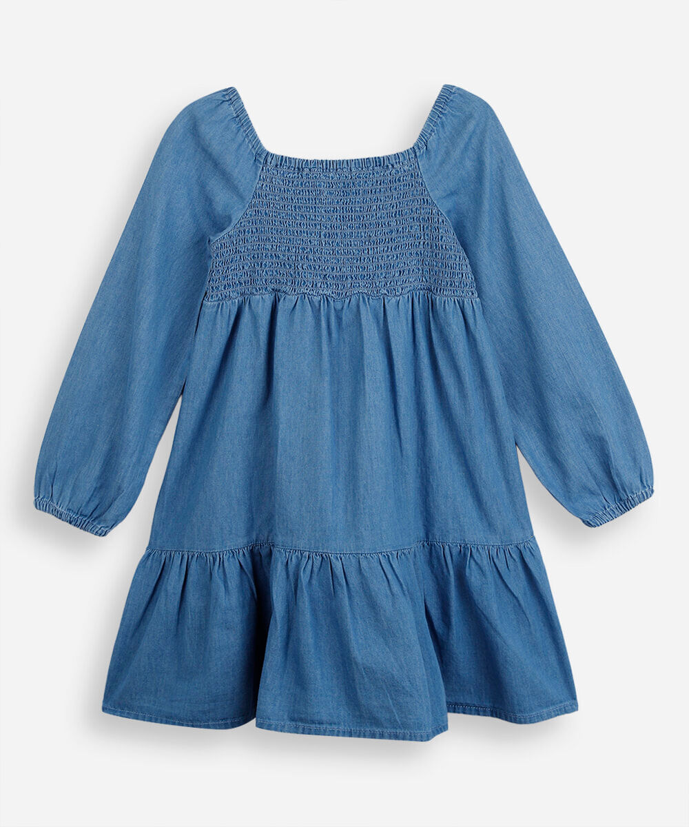 vestido infantil jeans com recorte e lastex manga longa azul