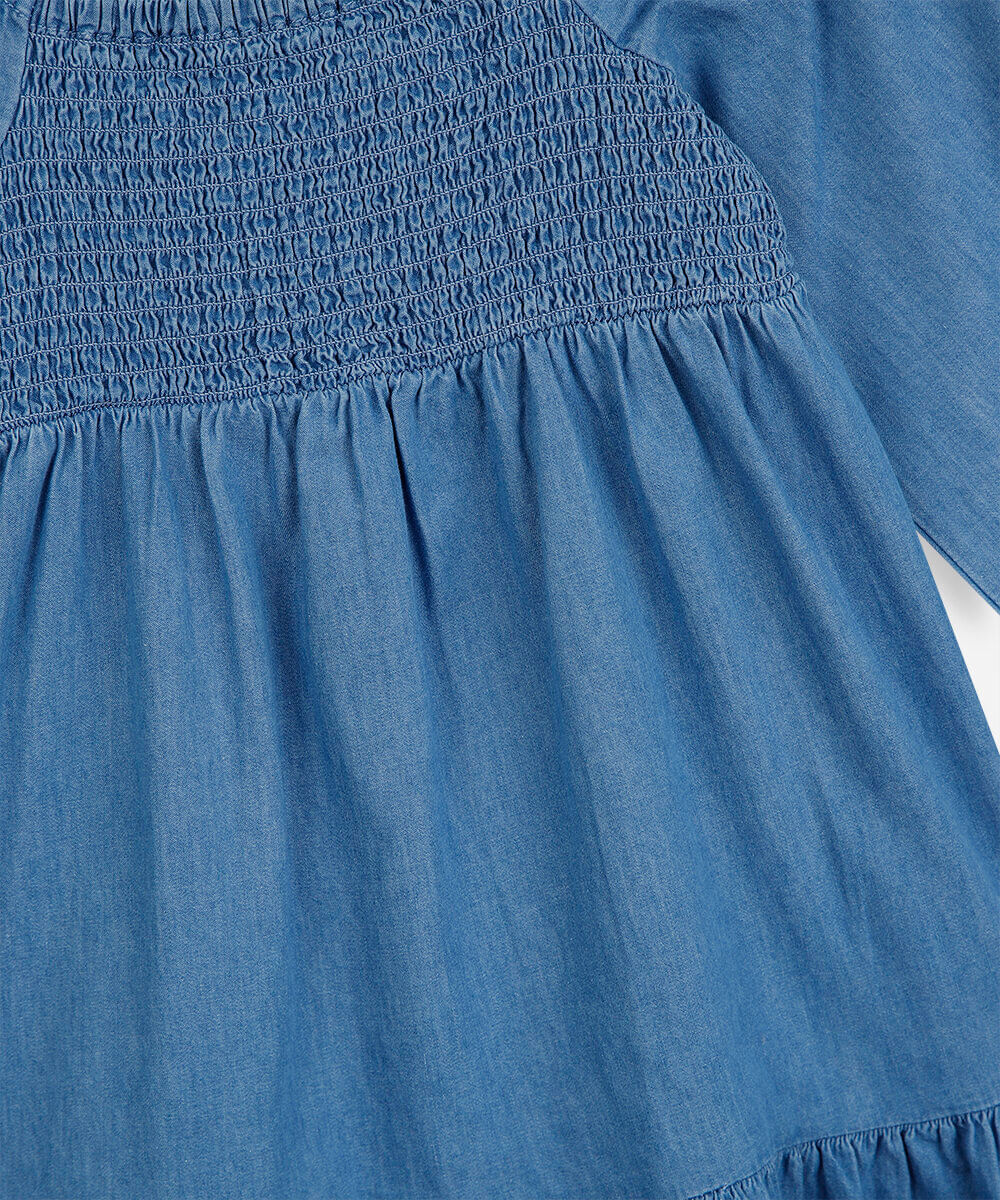 vestido infantil jeans com recorte e lastex manga longa azul