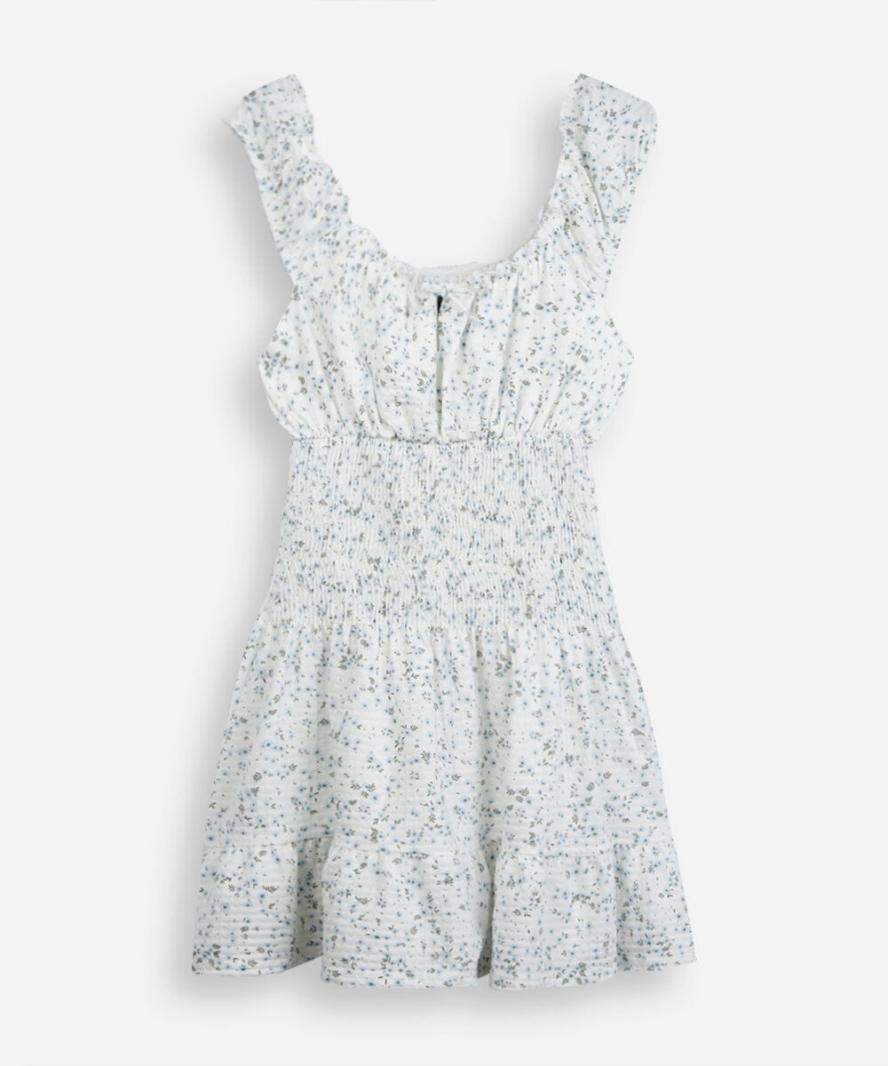 vestido curto juvenil de algodão com lastex floral off white