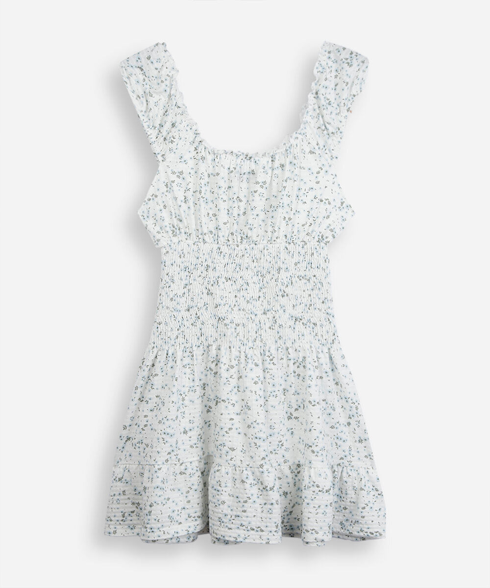 vestido curto juvenil de algodão com lastex floral off white