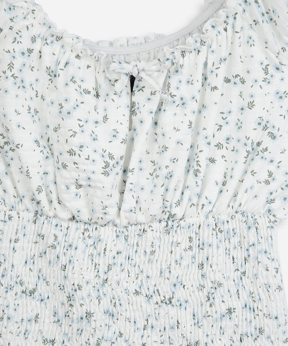 vestido curto juvenil de algodão com lastex floral off white