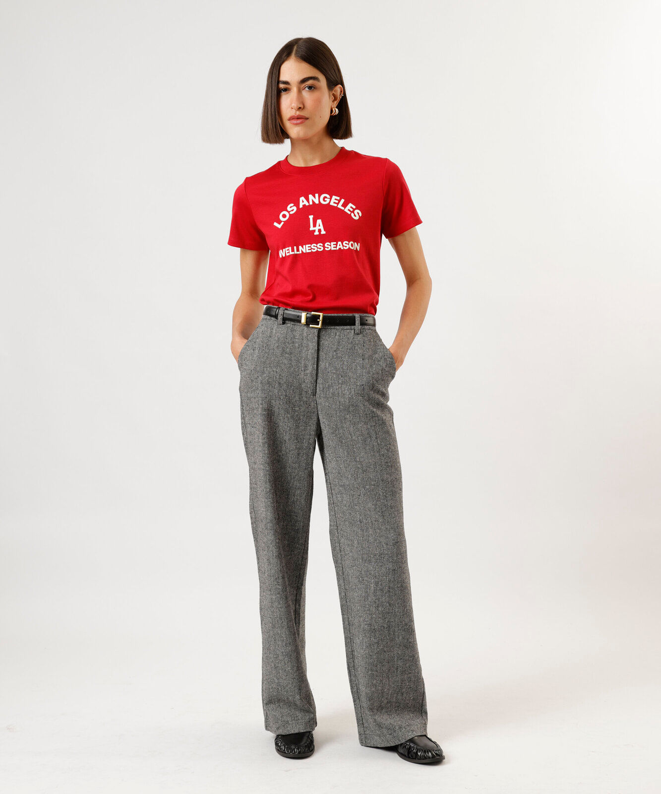 camiseta feminina de algodão peruano manga curta estampada vermelha