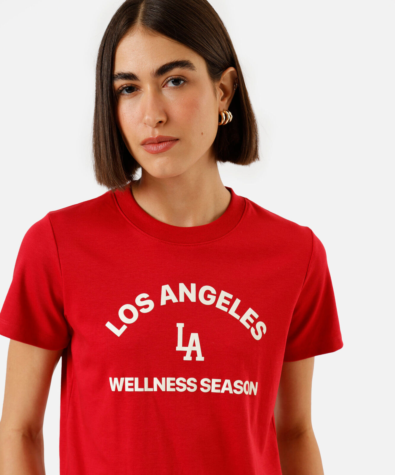 camiseta feminina de algodão peruano manga curta estampada vermelha
