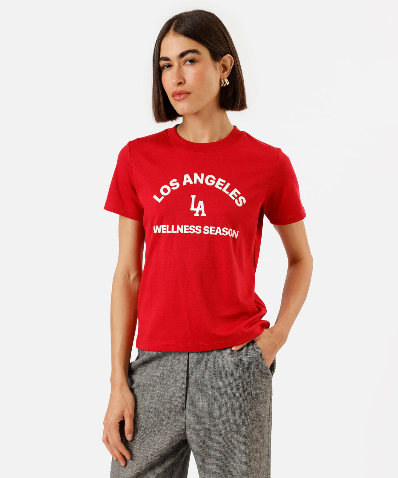 camiseta feminina de algodão peruano manga curta estampada vermelha