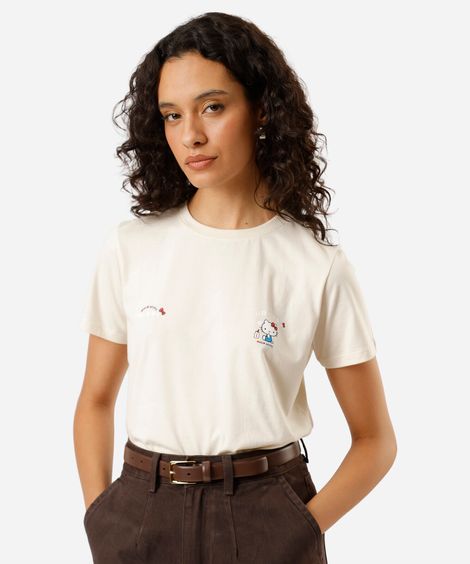 camiseta feminina de algodão hello kitty bege
