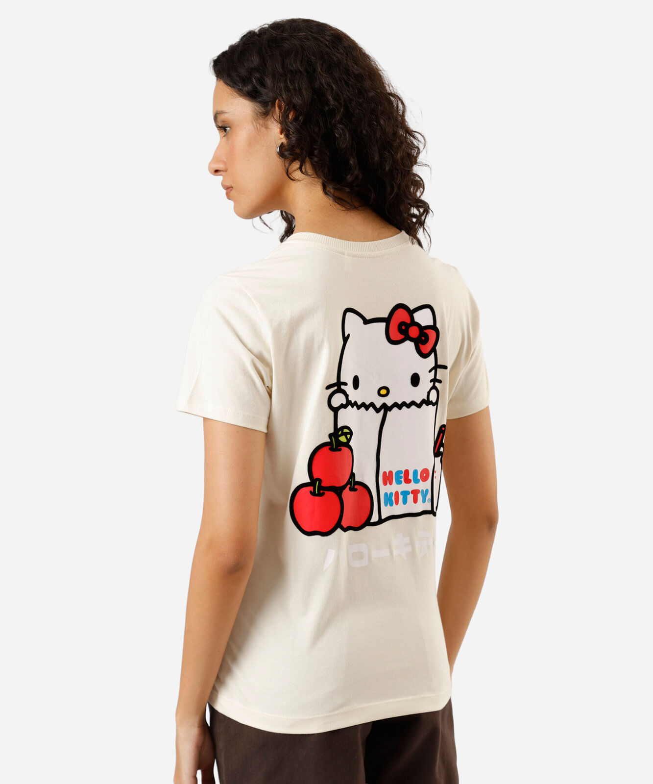 camiseta feminina de algodão hello kitty bege