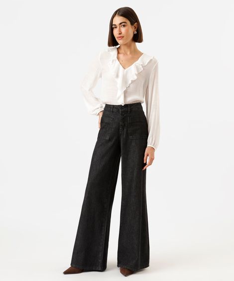 calça wide leg feminina jeans  sawary preta