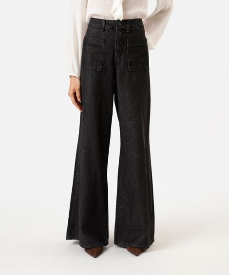 calça wide leg feminina jeans  sawary preta