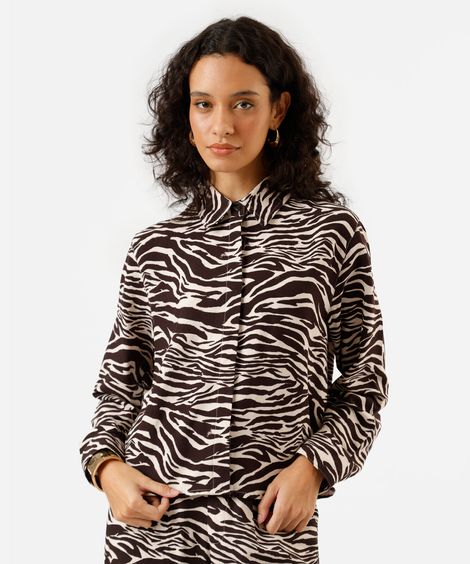 camisa feminina com linho manga longa animal print bege