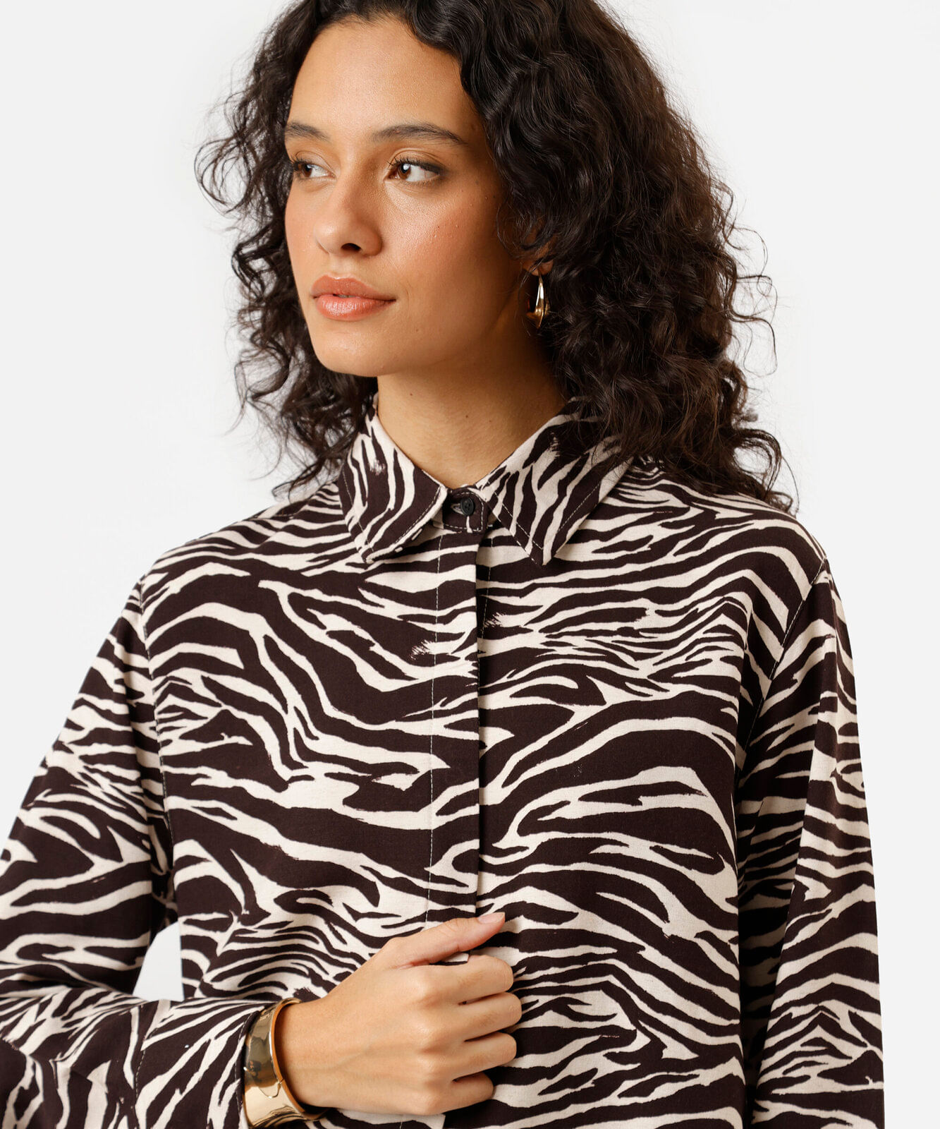 camisa feminina com linho manga longa animal print bege